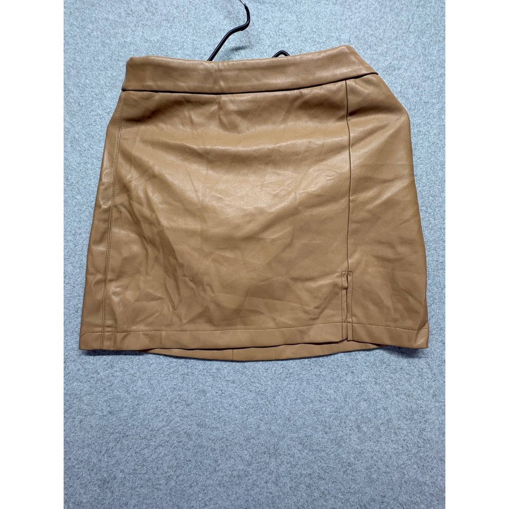 Shinestar Tan Faux Leather Mini Skirt Camel High Waisted Side Slit SS5299 Medium